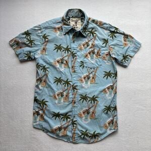 Coastal Button Down Shirt Men Small Blue Tropical Ukulele Palm Tree Short Sleeve